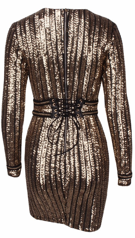 The Ivanka Long Sleeved Gold Sequin Mini Belted Dress Black