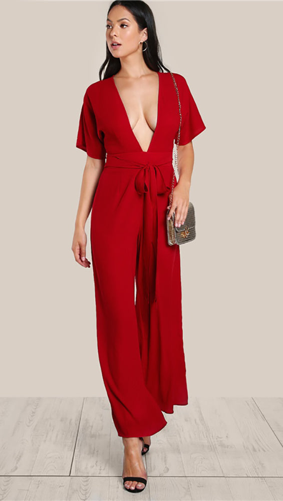 Justine Deep V Wide Leg Pant Sash Tie Belt Jumpsuit Cherry Red