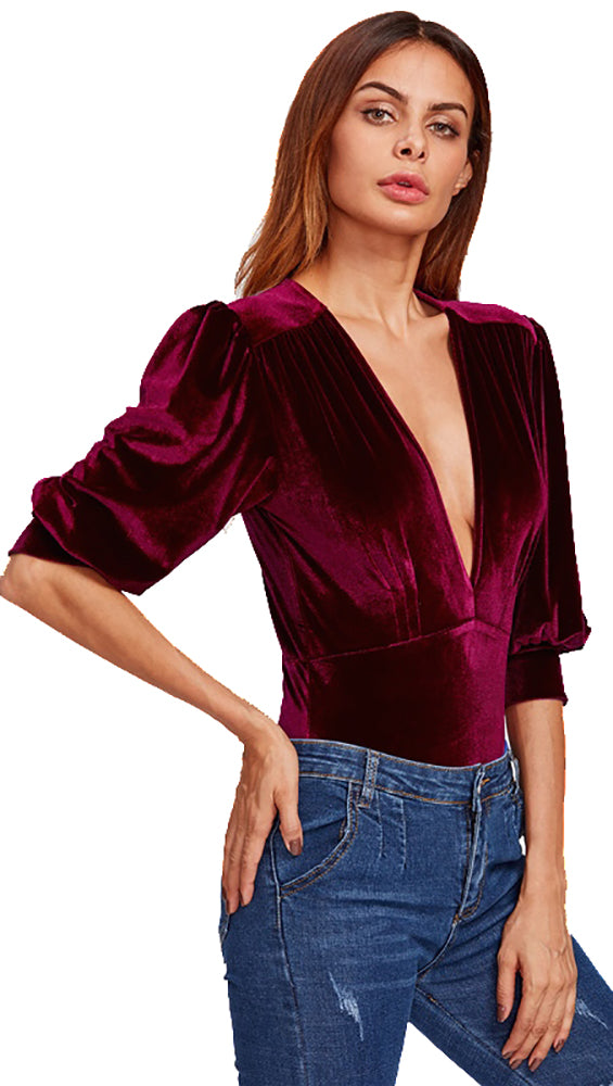 Talyah Deep Plunge Bishop Blouse Sleeve Velvet Bodysuit Burgundy Red Sangria