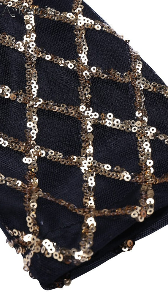 The Natalie Long Sleeved Criss Cross Sequin Turtleneck Mini Dress Black Gold