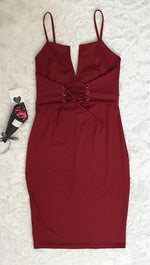 Burgundy Red Deep V Lace Up Corset Belt Midi Boydcon Bandage Dress