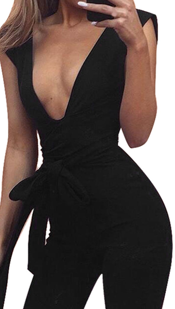 ciara pants sleeveless jumpsuit deep v plunge black