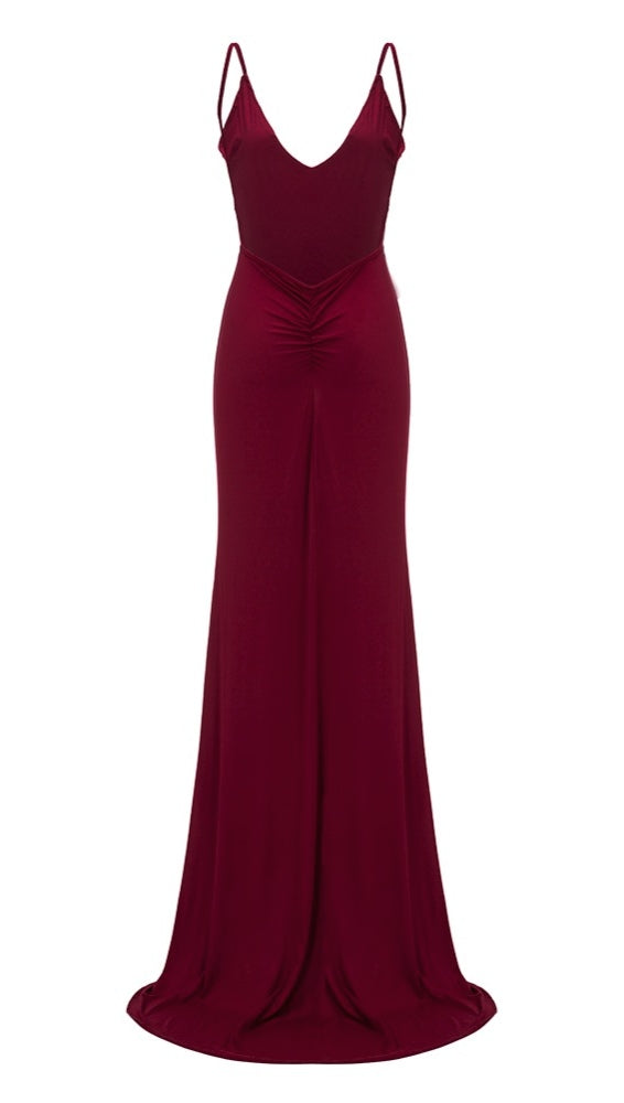 The Nevaeh Deep V Open Back Mermaid Gown Cherry Red Dress
