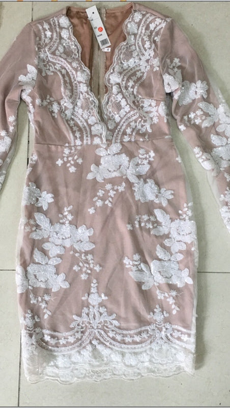 The Dawn Sexy Drop V Neck Long Sleeve Sequin Mini Dress White