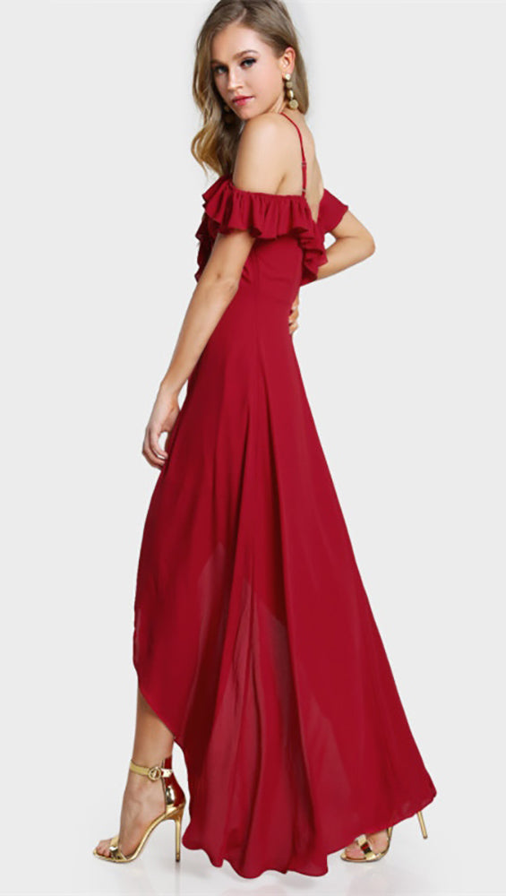 Gabriella Cold Open Shoulder Flutter Sleeve Ruffle Wrap Maxi Dress Red