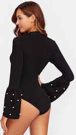 Tatiana V Neck Choker Pearl Bell Long Sleeve Bodysuit Black Shopaa