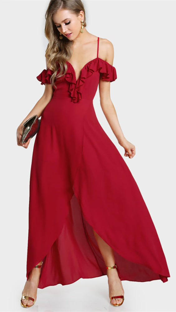 Gabriella Cold Open Shoulder Flutter Sleeve Ruffle Wrap Maxi Dress Red