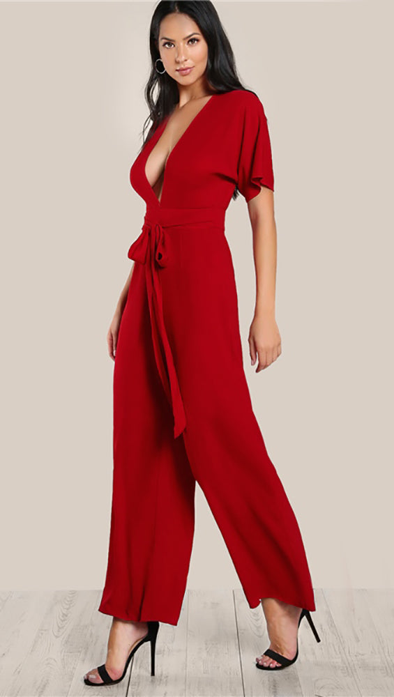 Justine Deep V Wide Leg Pant Sash Tie Belt Jumpsuit Cherry Red