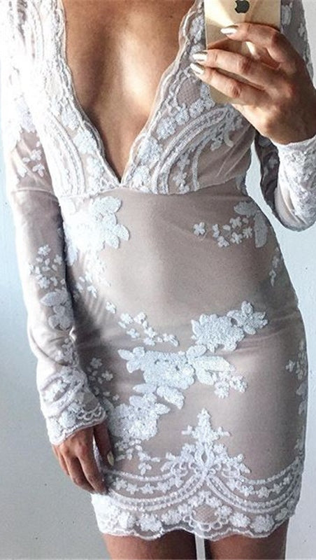 The Dawn Sexy Drop V Neck Long Sleeve Sequin Mini Dress White