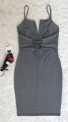 The Victoria Deep V Lace Up Corset Waist Belt Midi Boydcon Dress Grey 