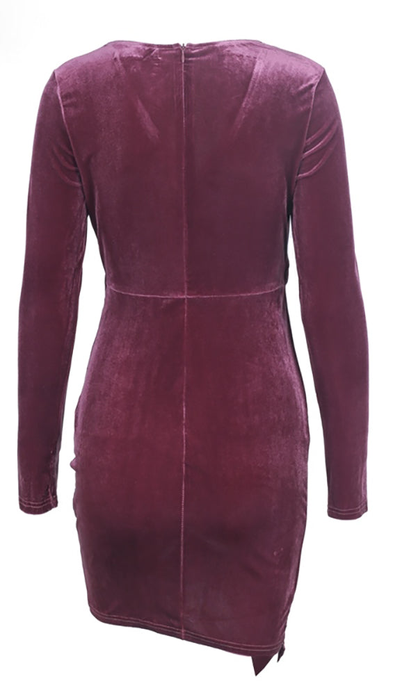 The Jaclyn Velvet Deep V Long Sleeve Bodycon Mini Holiday Dress Plum