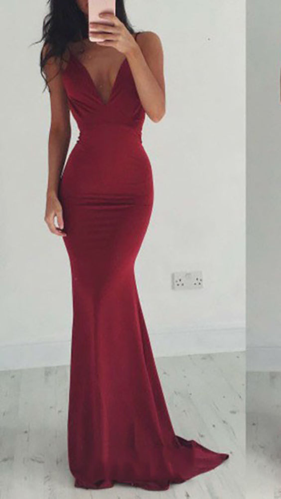 The Nevaeh Deep V Open Back Mermaid Gown Cherry Red Dress