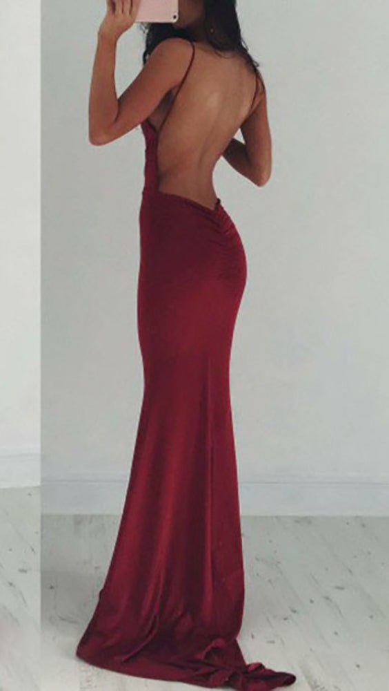 The Nevaeh Deep V Open Back Mermaid Gown Cherry Red Dress