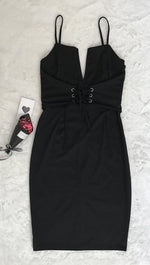 Deep V Lace Up Corset Belt Midi Party Dress Boydcon Silhouette Black