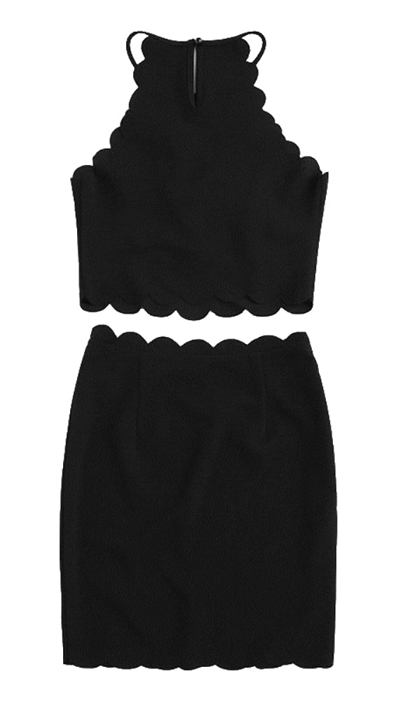 The Sarah Pearl Bead Scalloped Halter Crop Top Black ShopAA Skirt Set