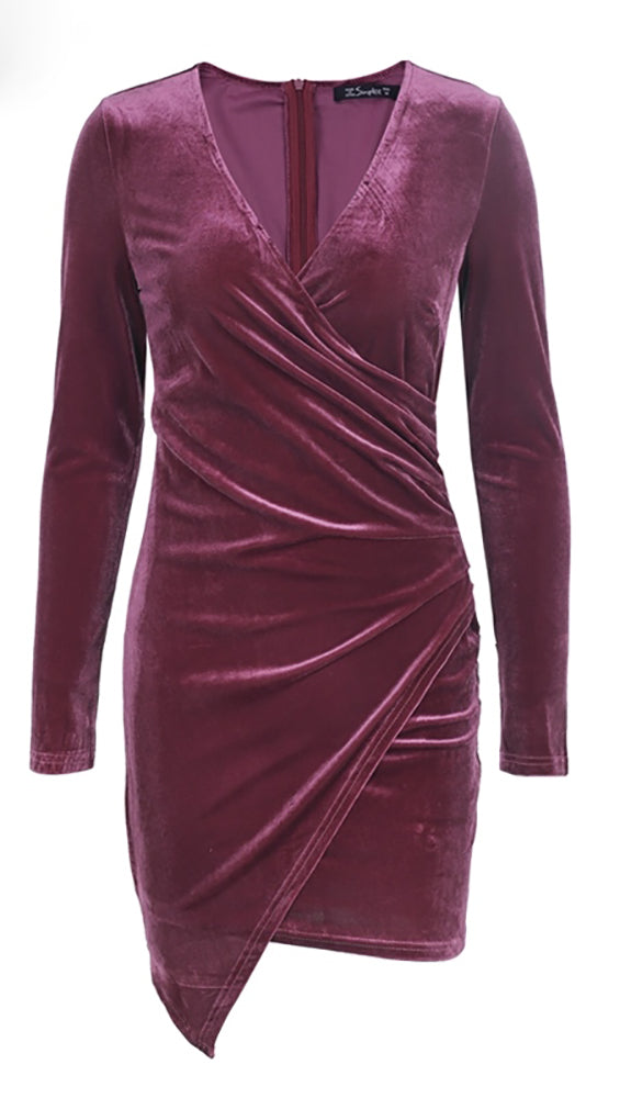 The Jaclyn Velvet Deep V Long Sleeve Bodycon Mini Holiday Dress Plum