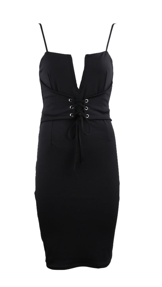 Deep V Lace Up Corset Belt Midi Party Dress Boydcon Silhouette Black ShopAA Deep V Lace Up Corset Belt Midi Party Dress Boydcon Silhouette Black ShopAA