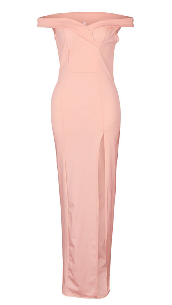 The Anastacia Off Shoulder Sweetheart Maxi Dress Gown Pink High Slit