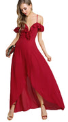 Gabriella Cold Open Shoulder Flutter Sleeve Ruffle Wrap Maxi Dress Red