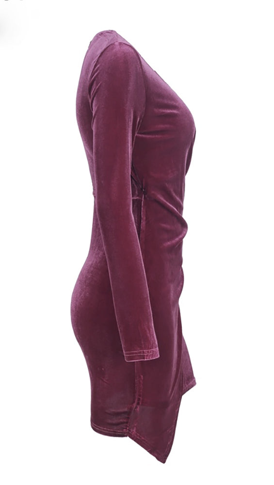 The Jaclyn Velvet Deep V Long Sleeve Bodycon Mini Holiday Dress Plum