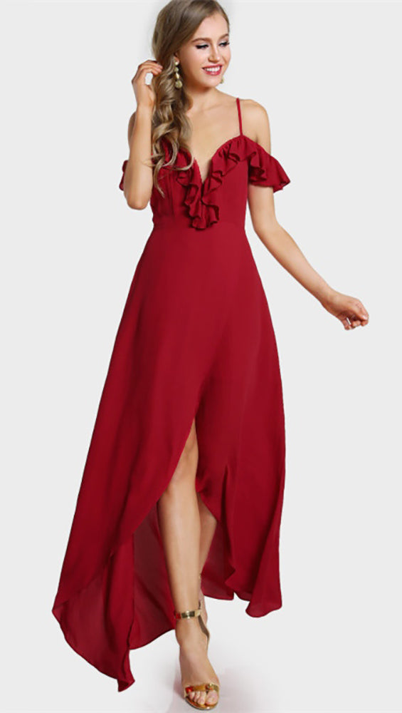 Gabriella Cold Open Shoulder Flutter Sleeve Ruffle Wrap Maxi Dress Red
