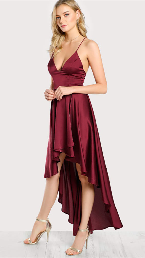 Bethenny Hi Low Satin V Neck Maxi Dress Rouge Red Open Back Lace Up