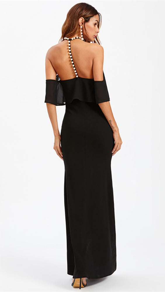 Natasha Pearl Halter Open Back Off Shoulder Layer Gown Dress Black – ShopAA