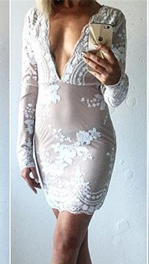 The Dawn Sexy Drop V Neck Long Sleeve Sequin Mini Dress White