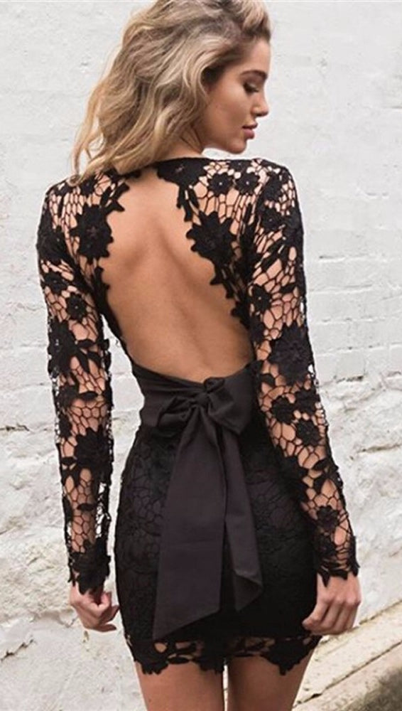 Delilah Open Back Floral Crochet Lace Dress Black