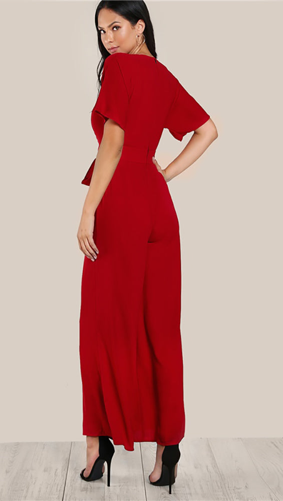 Justine Deep V Wide Leg Pant Sash Tie Belt Jumpsuit Cherry Red