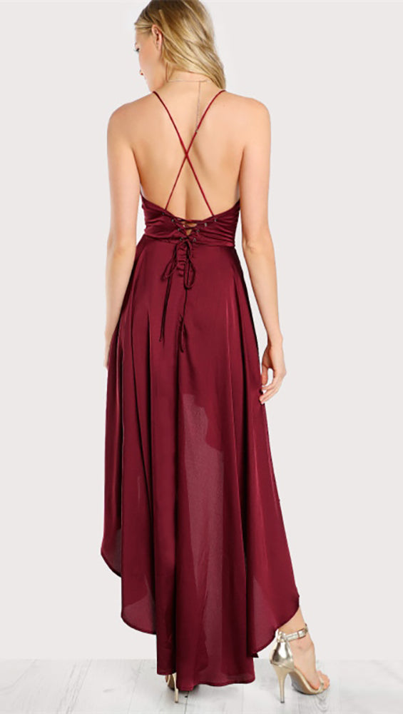 Bethenny Hi Low Satin V Neck Maxi Dress Rouge Red Open Back Lace Up