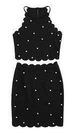 The Sarah Pearl Bead Scallop Edge Fitted Mini Skirt Black ShopAA Sets