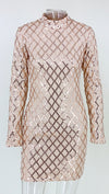 The Natalie Long Sleeved Criss Cross Sequin Turtleneck Dress Champagne