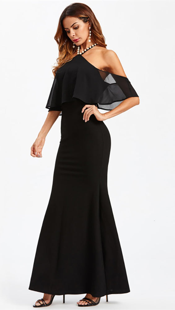 Natasha Pearl Halter Open Back Off Shoulder Layer Gown Dress Black