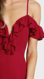 Gabriella Cold Open Shoulder Flutter Sleeve Ruffle Wrap Maxi Dress Red