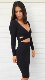 The Nadia Long Sleeve Cut Out Midi Dress Black - Pencil Skirt - V Neck