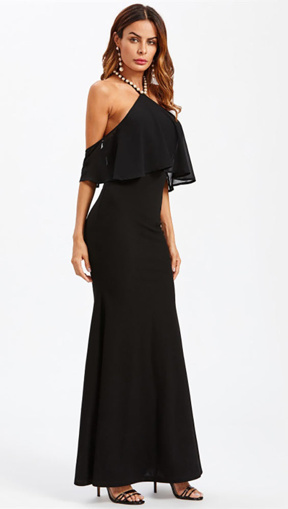 Natasha Pearl Halter Open Back Off Shoulder Layer Gown Dress Black ShopAA Natasha Pearl Halter Open Back Off Shoulder Layer Gown Dress Black ShopAA