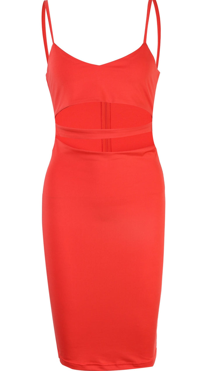 The Nina Cut Out Sleeveless Spaghetti Strap V Neck Bodycon Midi Party Dress Fire Orange