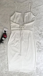 Victoria Deep V Lace Up Corset Waist Belt Midi Boydcon Dress White