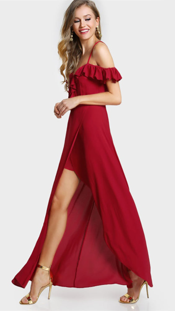 Gabriella Cold Open Shoulder Flutter Sleeve Ruffle Wrap Maxi Dress Red