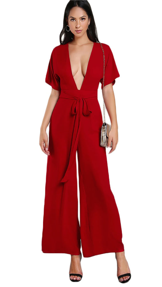 Justine Deep V Wide Leg Pant Sash Tie Belt Jumpsuit Cherry Red
