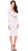 The Nadia Long Sleeve Cut Out Midi Dress White - Pencil Skirt - V Neck