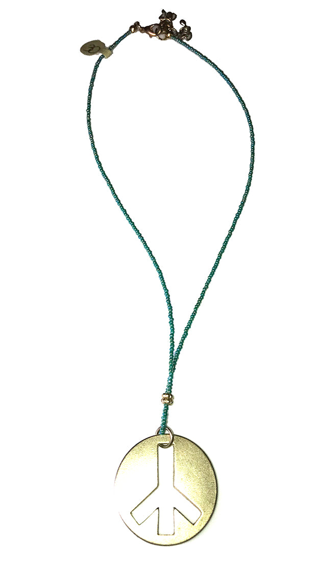  ShopAA Jewelry Brushed Gold Metal Peace Sign Charm Teal Bead Necklace 