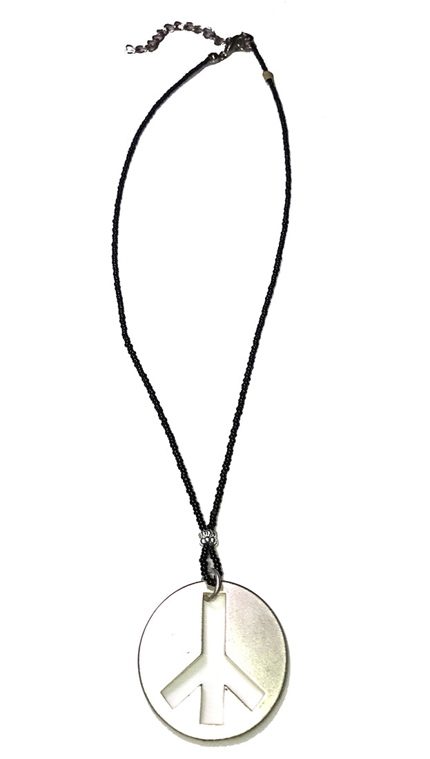 ShopAA Jewelry Brushed Silver Metal Peace Sign Charm Black Bead Necklace 