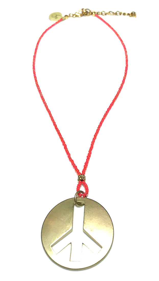 ShopAA Jewelry Brushed Gold Metal Peace Sign Charm Red Bead Necklace