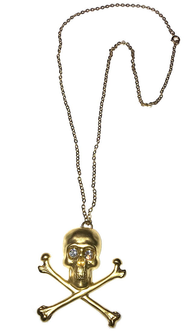 Gold Skull Crossbone Necklace Rhinestone Eyes