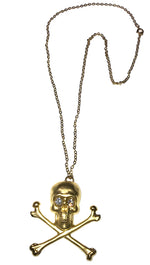 Gold Skull Crossbone Necklace Rhinestone Eyes