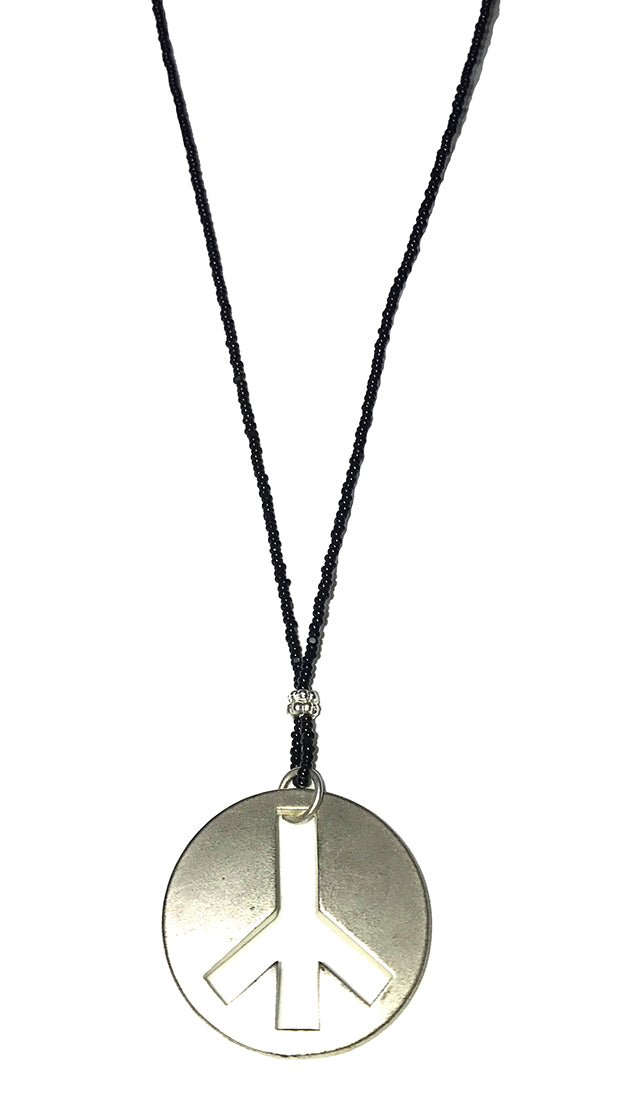 ShopAA Jewelry Brushed Silver Metal Peace Sign Charm Black Bead Necklace 