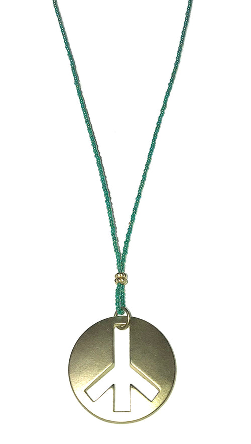  ShopAA Jewelry Brushed Gold Metal Peace Sign Charm Teal Bead Necklace 