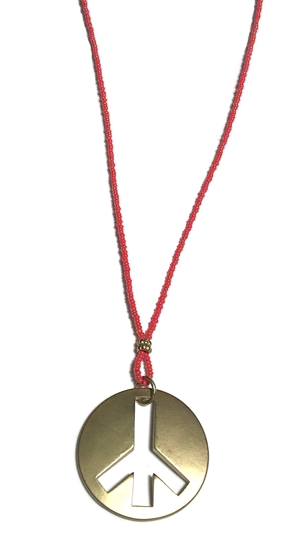 ShopAA Jewelry Brushed Gold Metal Peace Sign Charm Red Bead Necklace